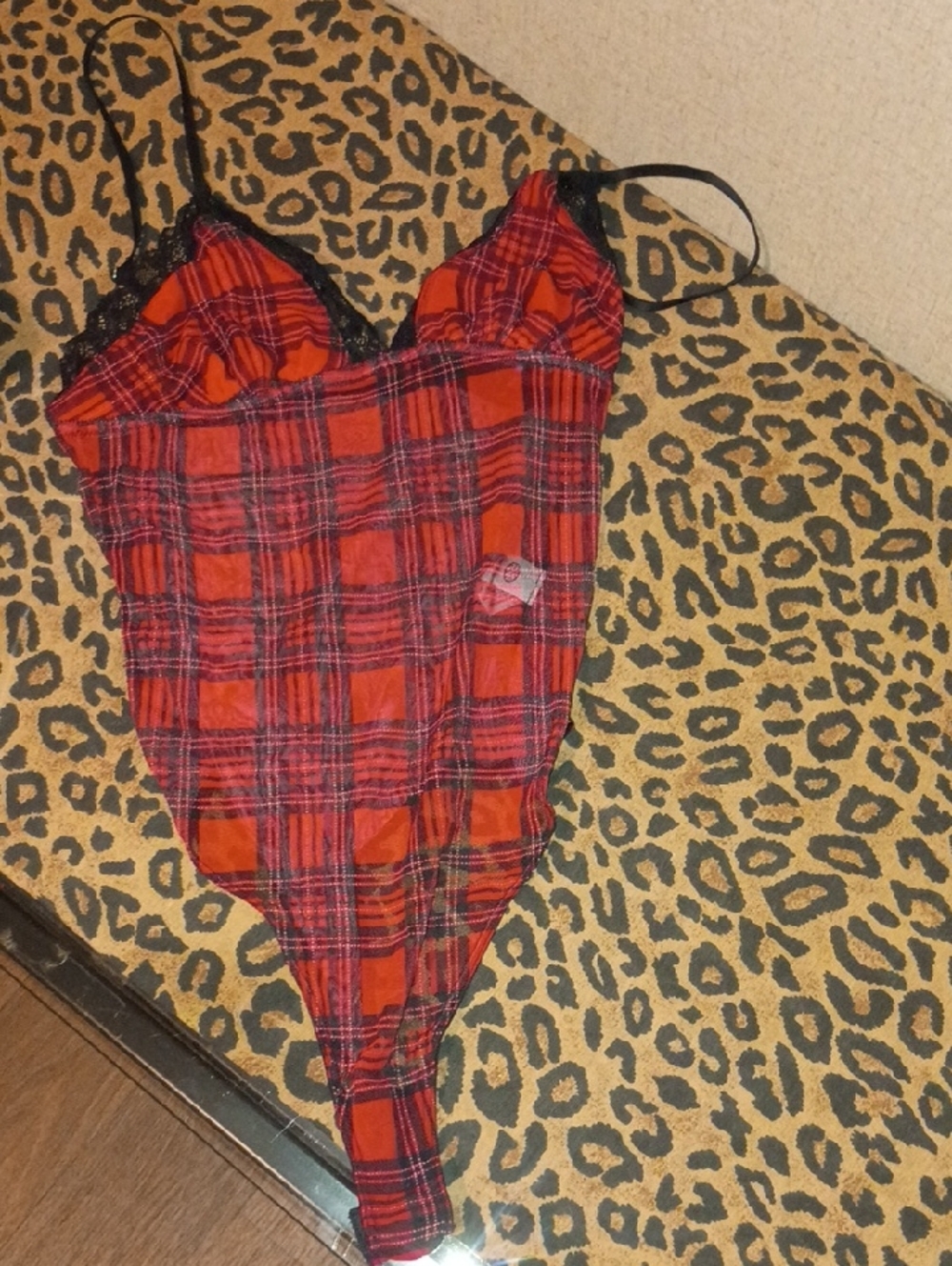 Red Plaid Lace-Trim Women's Bodysuit